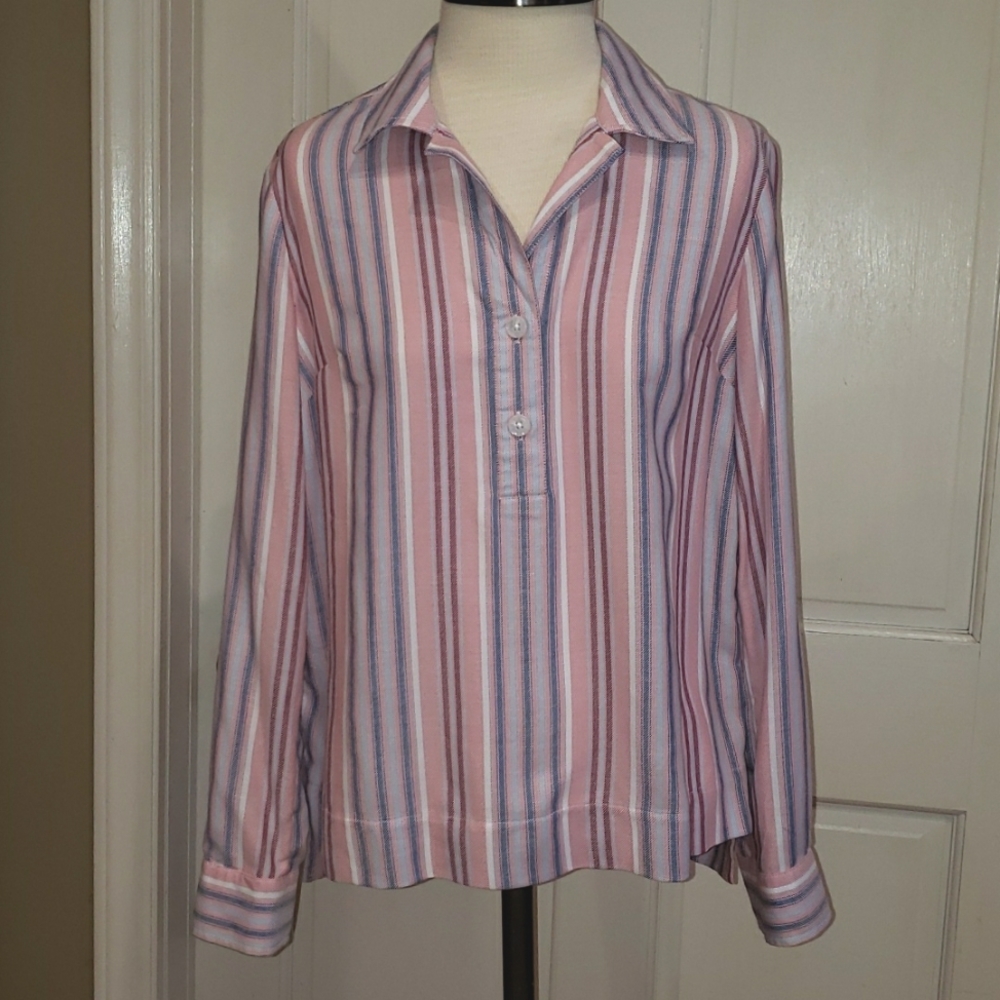 Tommy Hilfiger Pink & Blue Striped Pop Over Button Tab Sleeve Shirt, Size Small